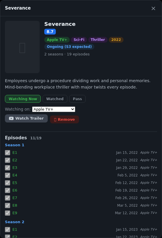 Show detail view for a series: rating, status buttons, and a per-episode watch checklist