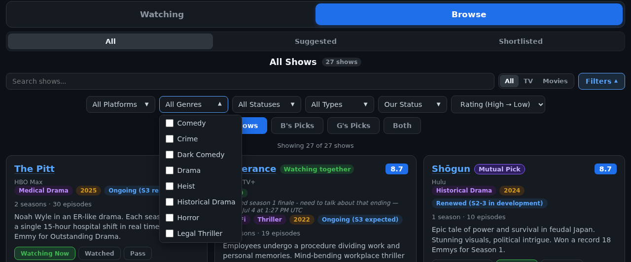 Filters panel open above the catalog: platform, genre, status, media type, and whose-picks filters
