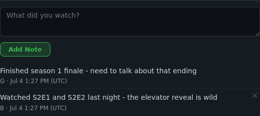 Free-text watch notes from both users, each matched to an episode by the auto-tagger